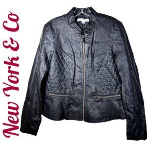NWT NEW YORK & CO. Black Faux Leather Full Zip Moto Biker Jacket, Size Medium